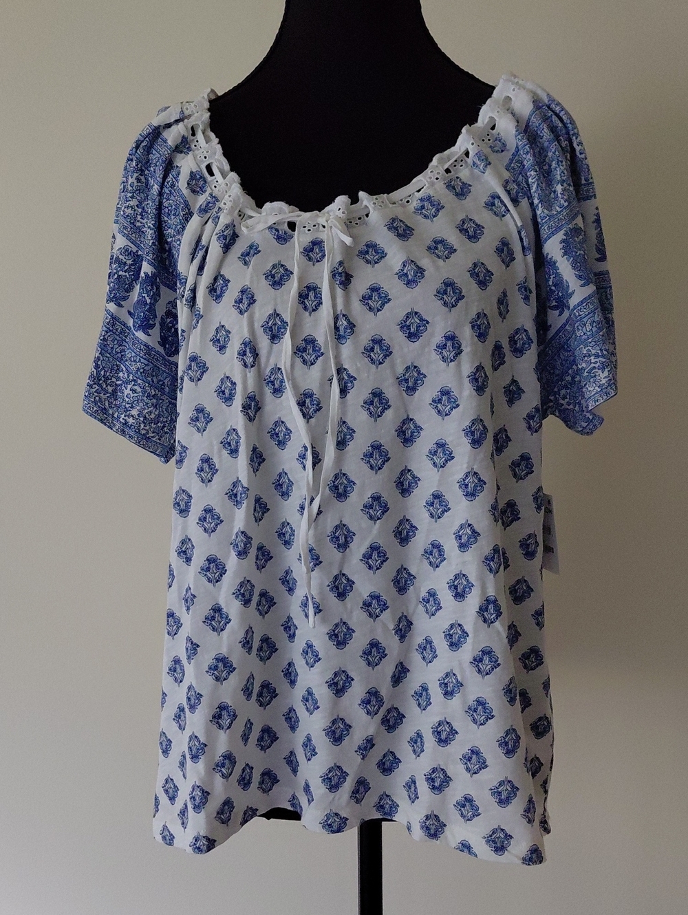 Lucky Brand White Blouse with Blue Floral Print